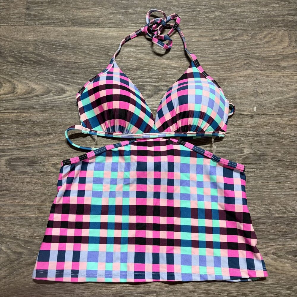Hula Honey Plaid Tankini Halter Top Medium Preppy Swim Wear Bathing Suit - Picture 1 of 11